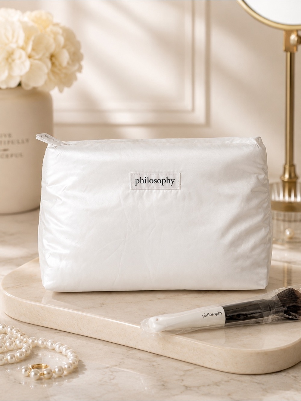Philosophy White Satin Makeup Cosmetic Bag Travel Pouch Brush Set NWT